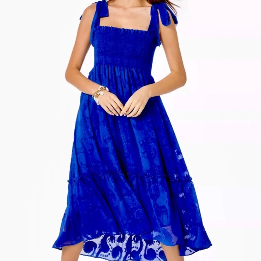 Lilly Pulitzer RIVIERA SMOCKED MIDI DRESS IN Jacquard Blue Grotto Size XL NWT